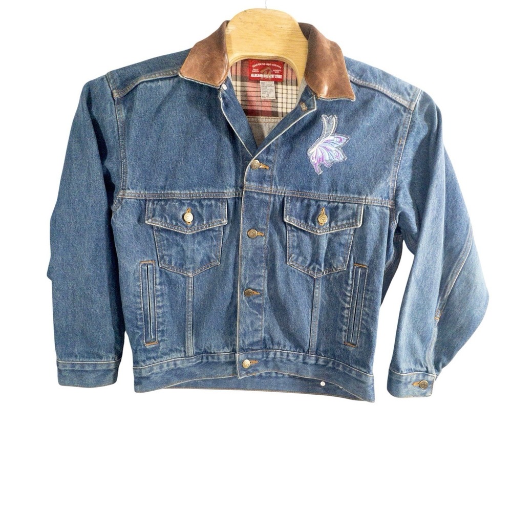 Vtg Marlboro Country Denim Jacket Womens Small‎ Butterfly Patches Leather Collar